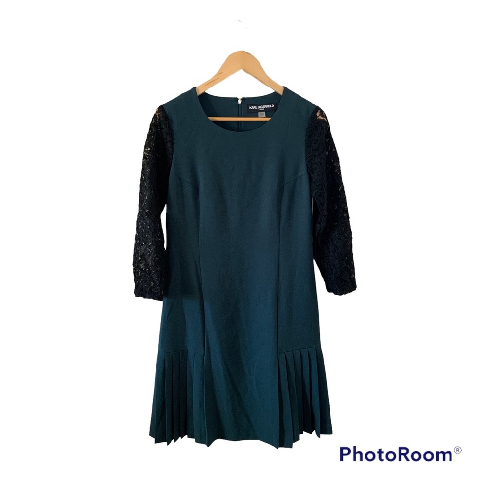 Karl Lagerfeld Green Lace Pleated Midi Dress